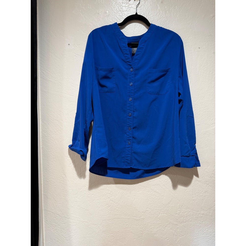 Covington Womens XL‎ Royal Blue Button Up Roll Tab Sleeve V-Neck Blouse Pockets